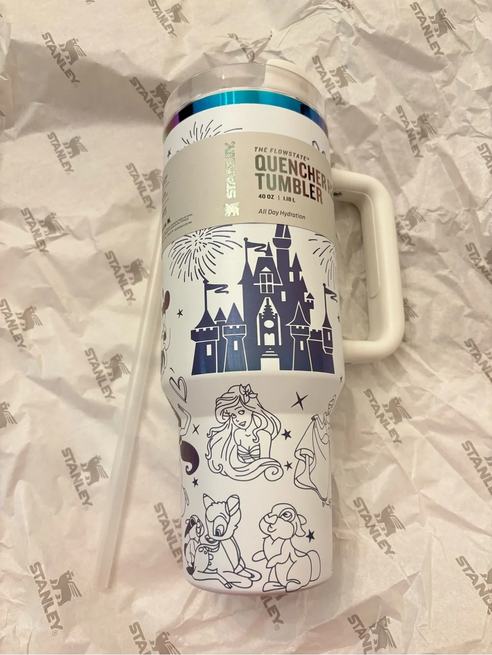 Stanley White Quencher Tumbler with Navy Castle & Character Artwork
